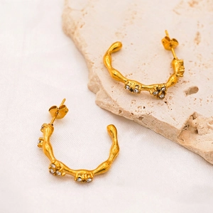 French vintage 18k gold plated stainless steel C-shape earrings with zircon stones