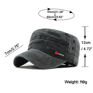 Dark grey washed cotton military flat top cap with adjustable buckle and mesh details