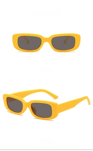 Front and side views of chunky yellow rectangular sunglasses with grey lenses for kids