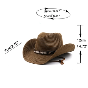 Brown western straw cowboy hat with leather band and adjustable wind rope on white background
