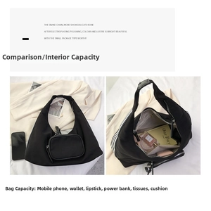 Spacious black nylon hobo bag showing large interior capacity for daily essentials