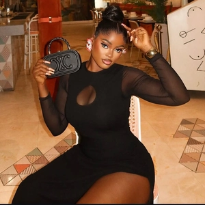 Sexy Black Maxi Dress With Mesh Long Sleeves Chest Cutout High Slit Bodycon Ruched Party Streetwear For Women