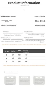 Detailed size chart for women's satin straight trousers with dimensions for S M L sizes