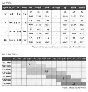 Detailed size chart for solid color elegant mini dress including bust and waist guide