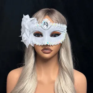 White LED masquerade mask with silk flower and rhinestone on black background
