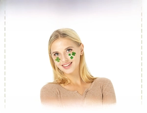 Close-up of St. Patrick's Day four-leaf clover face tattoo stickers on a model