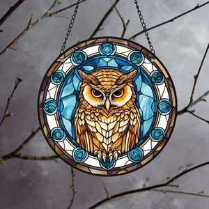 Détail d'un ornement circulaire en acrylique avec hibou brun et motif ciel bleu