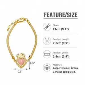 Guía de tallas de la pulsera corazón dorada con cadena de 24cm y dimensiones del colgante