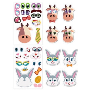 Detail of DIY animal stickers showing cow and rabbit themes with colorful face accessories