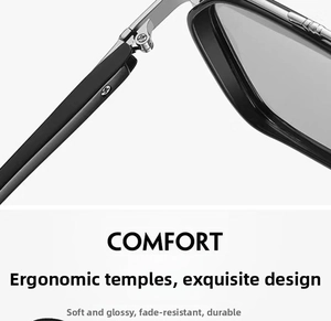 Detailed close-up of ergonomic silver metal hinges and black acetate sunglasses temples