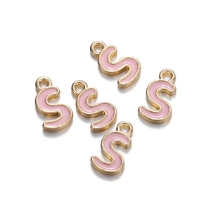 Pink enamel letter S charms with gold borders and top rings for DIY jewelry making