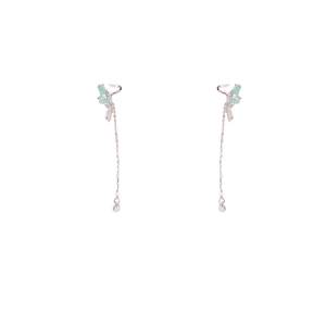 Boucles d'oreilles élégantes à pompon argenté avec pierres papillons vertes et zircon