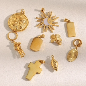 Set of eight 18K gold plated stainless steel pendants with butterfly and celestial charms