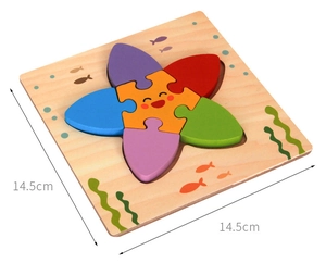 Detailed close-up of a 3D wooden starfish puzzle showing 14.5cm dimensions on white background