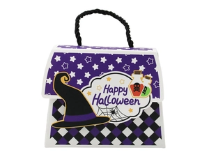 Detail of Halloween candy box with black rope handles and Happy Halloween print design