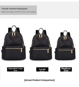 Confronto dettagliato delle dimensioni di tre zaini in nylon nero con cerniere dorate
