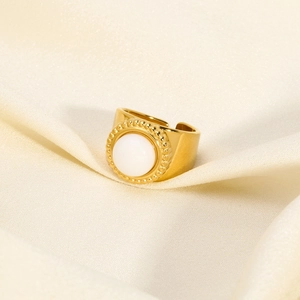 Detailed view of an 18K gold-plated adjustable ring featuring a round white natural stone