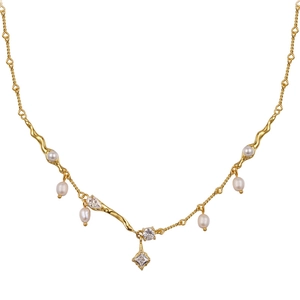 Exquisite S925 silver necklace with gold finish, featuring pearls and cubic zirconia pendants
