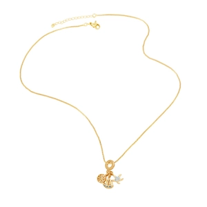 Gold necklace with nautical helm, sailboat, and blue starfish charms on white background