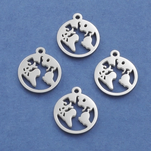 Polished silver stainless steel hollow world map charms on a textured blue background