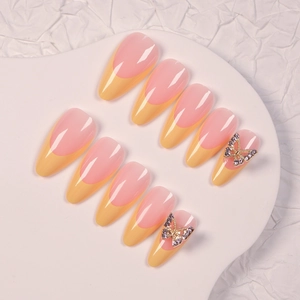 Pink and yellow French long almond press-on nails with luxury gold butterfly rhinestone
