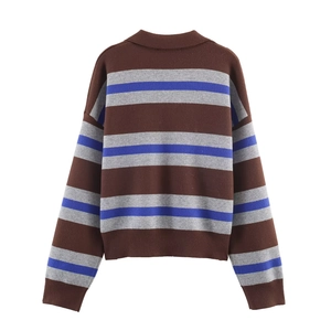 Vista posteriore del maglione polo in maglia a righe con orlo a coste e motivo marrone-grigio