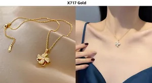 Detail of gold-plated windmill pendant necklace with sparkling zircons on leather and model