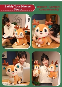 Detail showing plush deer toy with red ribbon and golden bell in various lifestyle scenes