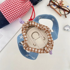 Top view of plaid water bottle bag with denim star pattern and fabric handle