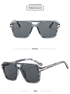 Detail view of fringe black square sunglasses featuring double bridge and luxury texture
