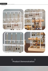 Detail shots of modern jewelry organizer with necklace hooks and wooden ring tray