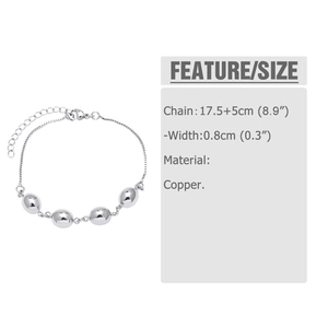 Detail showing 0.8cm width and 17.5+5cm length of silver-tone beaded copper bracelet