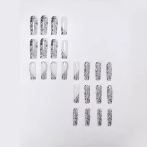 Long coffin press on nails featuring grey marble smoke pattern and silver glitter accents