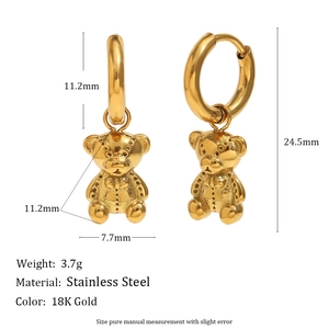 18K Gold plated stainless steel earrings with cute bear charms and size measurements