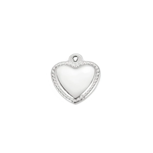 Detailed view of silver heart pendant with white enamel inlay and beaded edge detail