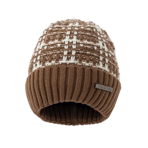 Winter knitted beanie hat with brown plaid pattern and thermal fleece lining