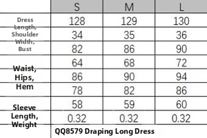 Size chart detail for elegant drape midi dress showing measurements in centimeters