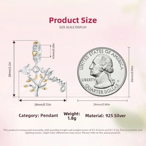 Detailed size view of a 925 sterling silver Tree of Life Mom charm with gold leaves