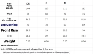 Size guide for linen V-neck shirt and wide-leg pants set showing measurements in cm