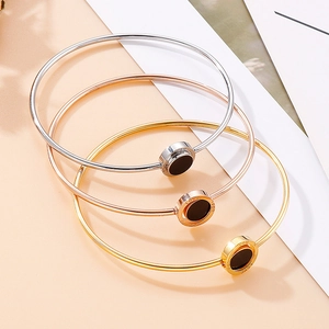 Stainless Steel Bangle Bracelet Round Black Enamel LOVE FOR YOU Engraved Open Adjustable Fashion Jewelry For Women