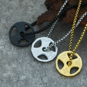 Dumbbell Barbell Plate Pendant Necklace Titanium Stainless Steel Fitness Workout Motivational Engraved Jewelry For Men Women