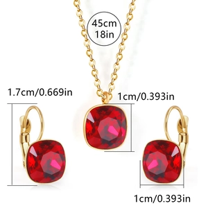 Size measurements for 18k gold plated necklace and red square zircon earrings set