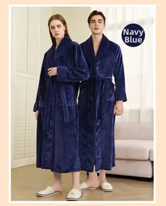 Detailed texture of thick navy blue flannel bathrobe with lapel collar and waist belt