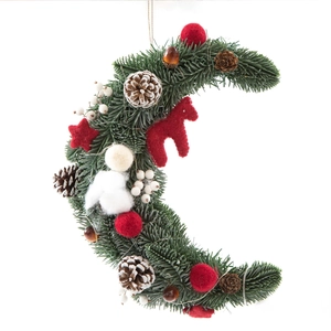 Moon-shaped Christmas wreath with LED lights, green pine needles, red horses, and pine cones