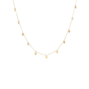Detailed view of gold titanium multi-layer necklace with delicate heart shaped pendants