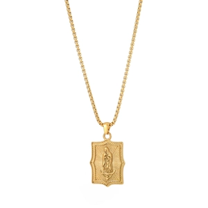 Gold stainless steel pearl chain necklace featuring a rectangular Virgin Mary pendant