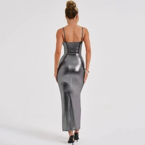 Slim fit metallic silver evening dress with thin straps and floor-length hemline