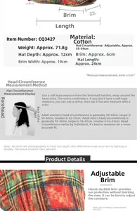 Size guide for vintage plaid beret hat with adjustable cotton strap and measurements