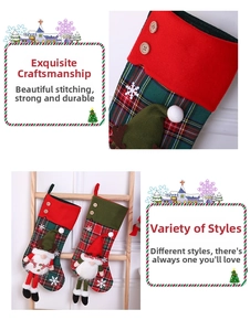 Detail of 3D Santa and Snowman figures on tartan knit Christmas stockings with buttons