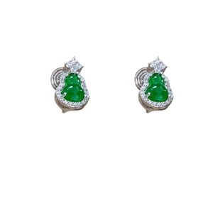 Elegant gourd-shaped silver stud earrings with green stones and sparkling zircon accents